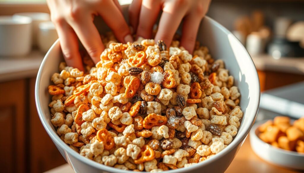 Chex Mix Ingredient Mixing Technique