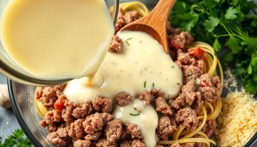 Ground Beef Alfredo Mixing Technique