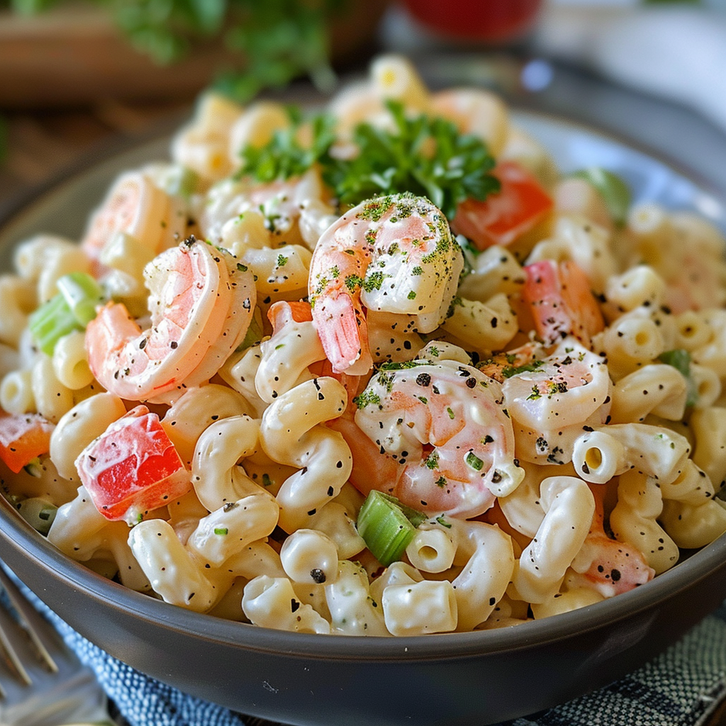 Shrimp pasta salad in a rustic bowl with creamy dressing